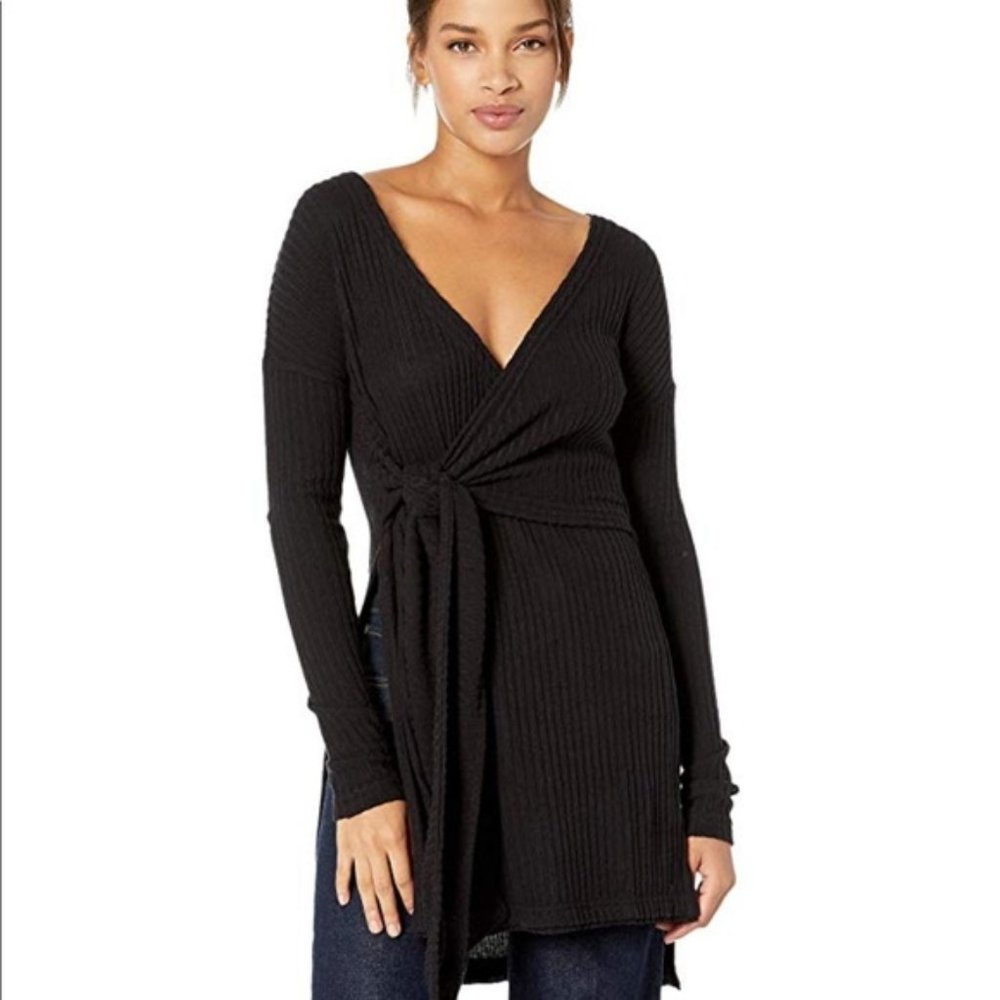 NWT Free People Black Ribbed Wrap V neck Side slit Tunic Fall for you